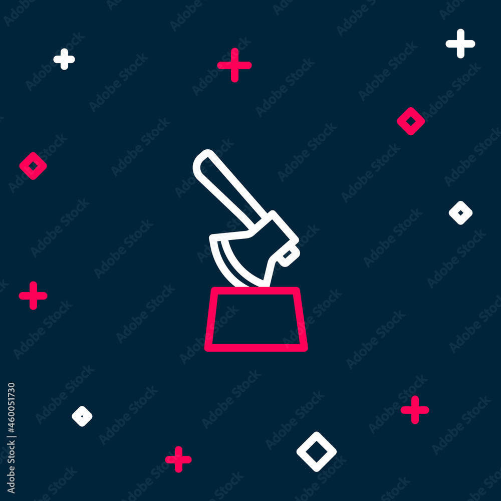 Line Wooden axe in stump icon isolated on blue background. Lumberjack axe. Axe stuck in wood. Chopping wood. Colorful outline concept. Vector Line Wooden axe in stump icon isolated on blue background. Lumberjack axe. Axe stuck in wood. Chopping wood. Colorful outline concept. Vector