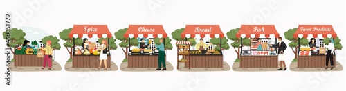 Local market stalls, farmer shops fresh fruits farm products, vector illustration. Purchase sale of natural organic food