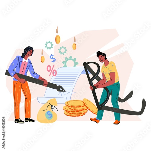 Conclusion and signing of profitable business contract scene with people putting their signatures on paper document. Profitable bargain and successful deal, vector illustration isolated on white.