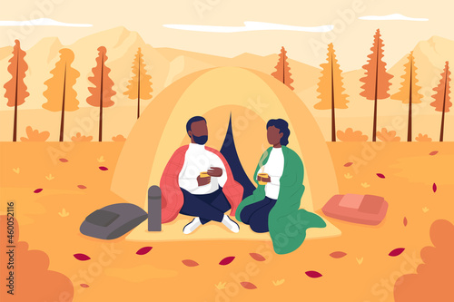 Couple camping in autumn flat color vector illustration. Recreational activity in november. Autumn hiking. Happy boyfriend and girlfriend 2D cartoon characters with landscape on background