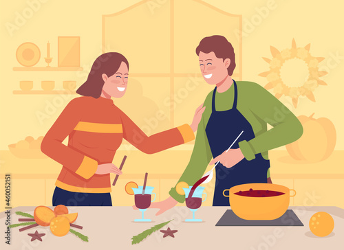 Preparing mulled wine flat color vector illustration. Cooking punch at home together. Smiling man and woman. Happy couple in kitchen 2D cartoon characters with interior on background