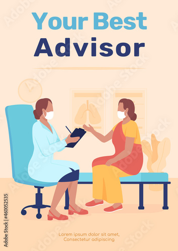 Doctor appointment poster flat vector template. Your best advisor. Brochure, booklet one page concept design with cartoon characters. Physician visit flyer, leaflet with copy space
