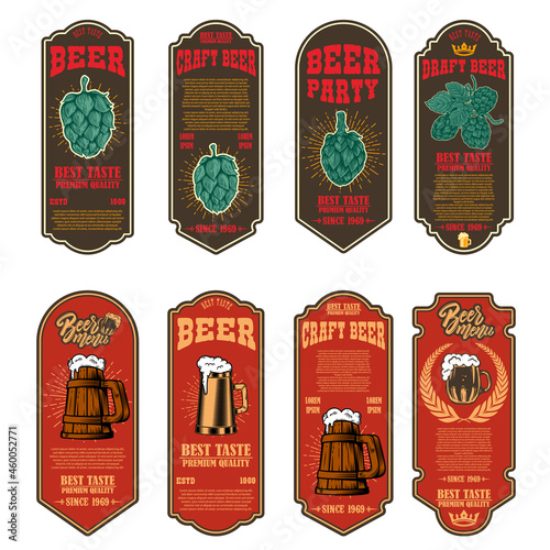 Set of beer labels with illustrations of beer mug and hop. Vector illustration