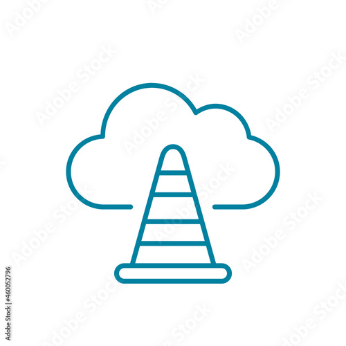 
Cloud under construction line icon. Cloud computing with road cone symbol. Server maintenance work. Network error sign. Web page loading problem. Denied access. Vector illustration, flat, clip art.
