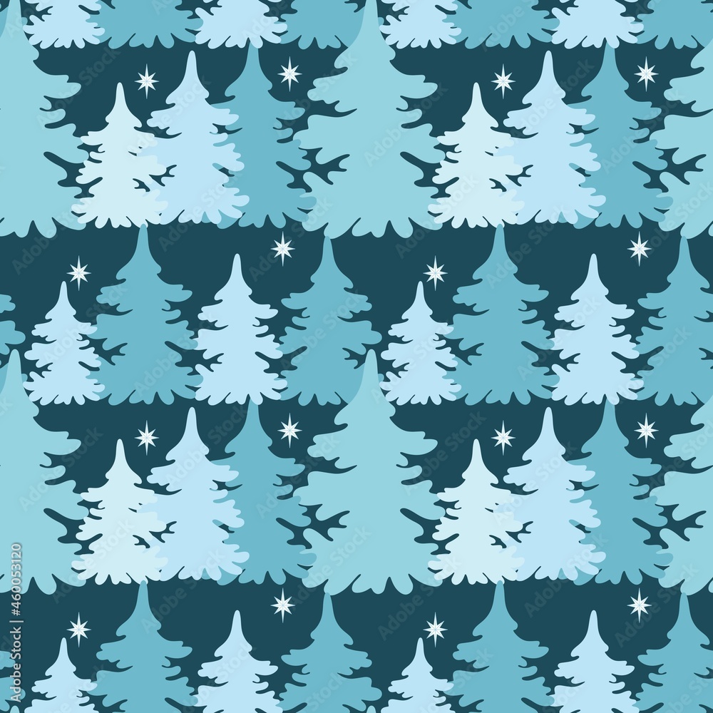 Spruce forest at night seamless pattern. Background with blue silhouettes of trees. Continuously winter pines. Template for Christmas festive packaging, fabric or wallpaper, vector illustration.