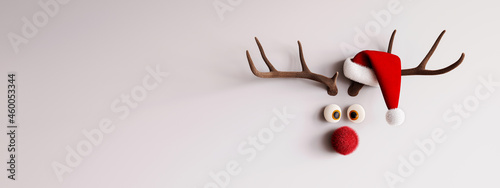 Print op canvas Reindeer with red nose and Santa hat on white background 3D Rendering, 3D Illust