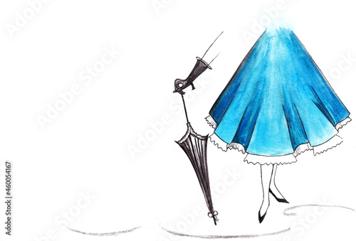 Lady in blue dress and umbrella
