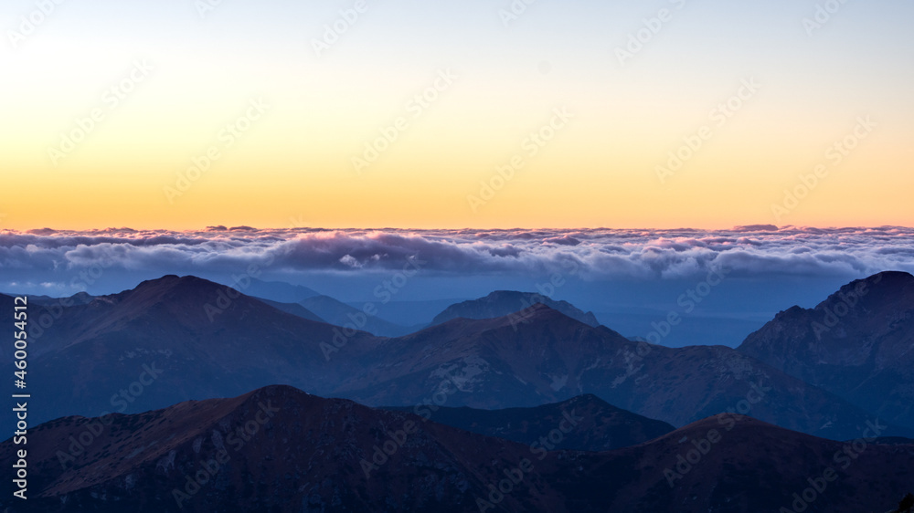 Sunset over High Tatras Mountains national park in Slovakia 