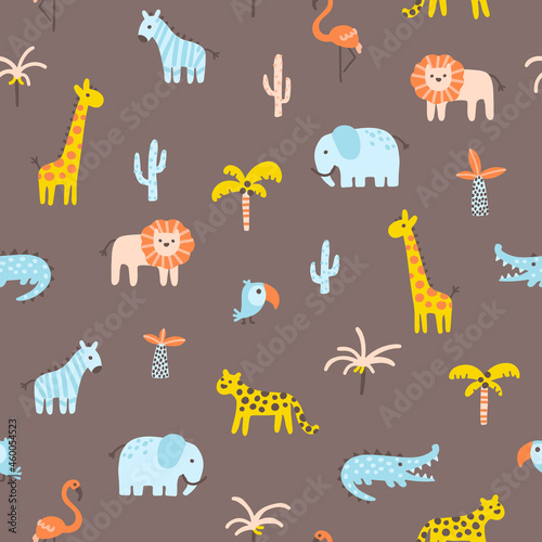 Tropical jungle seamless pattern. Animals and palms. Simple hand-drawn Scandinavian doodle style. Nursery pastel palette is ideal for printing baby clothes textiles fabrics. Vector cartoon background.