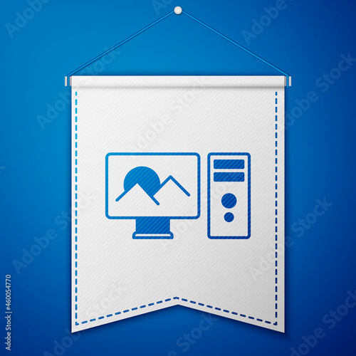 Blue Photo retouching icon isolated on blue background. Photographer, photography, retouch icon. White pennant template. Vector