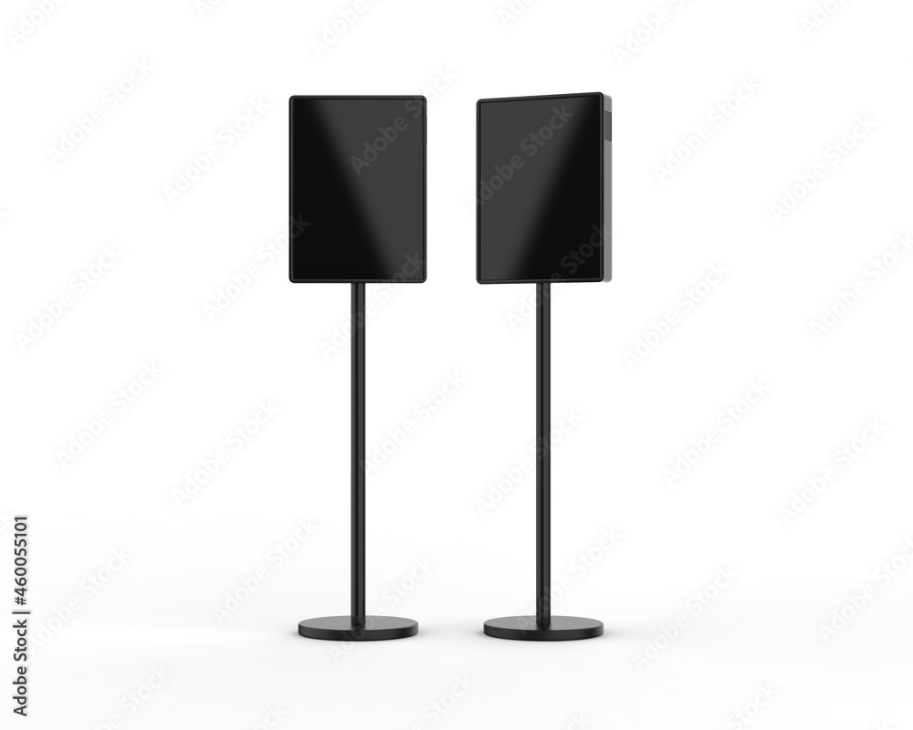 Kiosk stand mock up template, acrylic information show electronic display floor stand for branding, 3d illustration Kiosk stand mock up template, acrylic information show electronic display floor stand for branding, 3d illustration