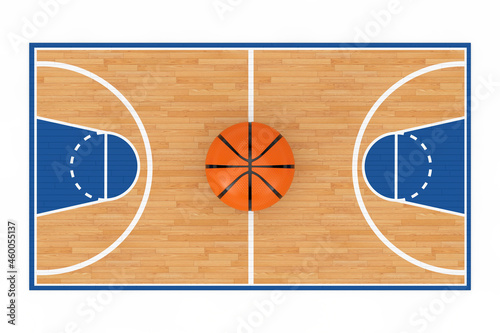 Orange Basketball Ball in Center of Wooden Basketball Court Floor with Lines. 3d Rendering