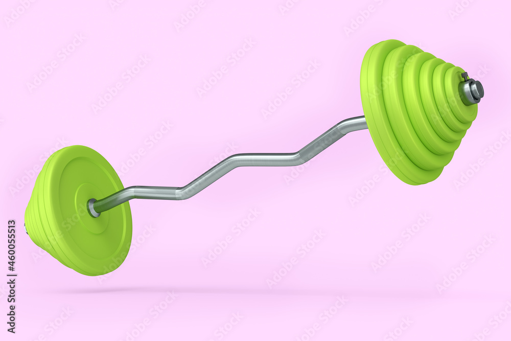 Abstract metal barbell with green disks shaped handle isolated on pink Abstract metal barbell with green disks shaped handle isolated on pink