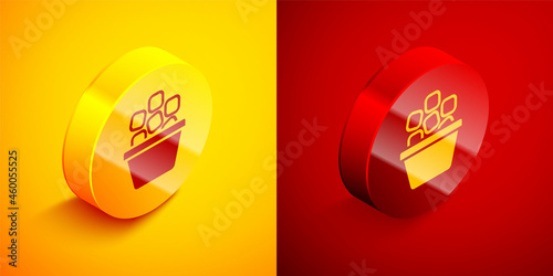 Isometric Ice bucket filled with ice cubes icon isolated on orange and red background. Circle button. Vector