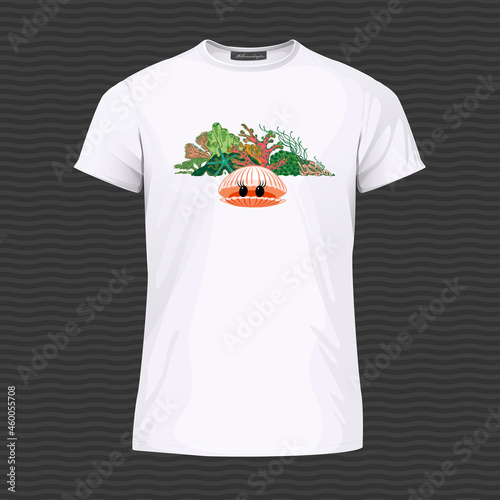 White T-shirt with cute shell and corals. Vector Illustration photo