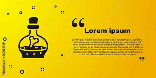 Black Bottle with potion icon isolated on yellow background. Flask with magic potion. Happy Halloween party. Vector