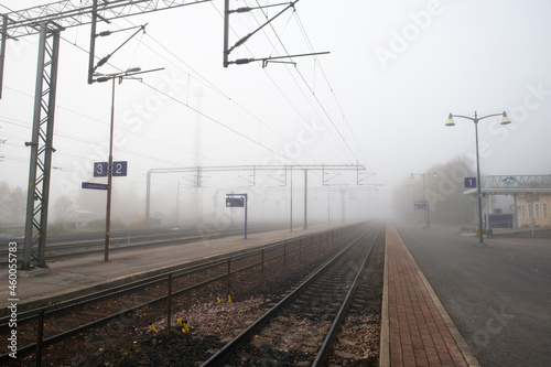 Lappeenranta, Finland – 09/28/2021:Foggy railway platform photo