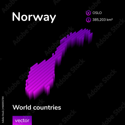 Stylized neon digital isometric striped vector Norway map with 3d effect. Map of Norway is in violet  and pink colors on the black background.