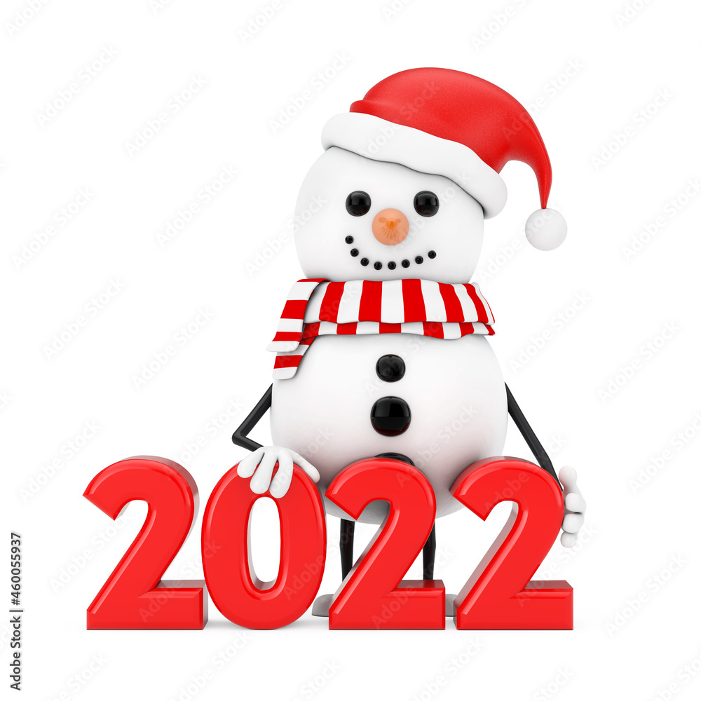 Snowman in Santa Claus Hat Character Mascot with New Year 2022 Sign. 3d Rendering Snowman in Santa Claus Hat Character Mascot with New Year 2022 Sign. 3d Rendering