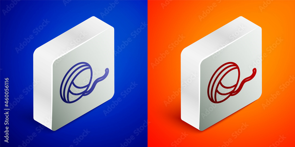 Isometric line Yarn ball icon isolated on blue and orange background. Label for hand made, knitting or tailor shop. Silver square button. Vector Isometric line Yarn ball icon isolated on blue and orange background. Label for hand made, knitting or tailor shop. Silver square button. Vector