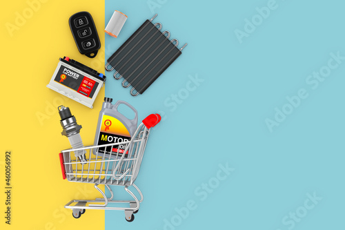 Many Automobile Spares Falling in Shopping Cart. 3d Rendering