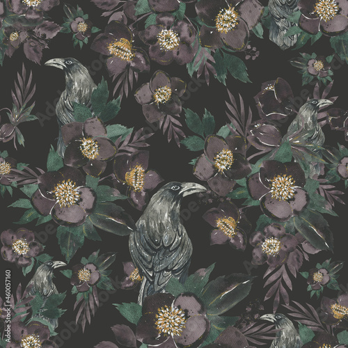 Watercolor crows with dark flowers, seamless pattern.