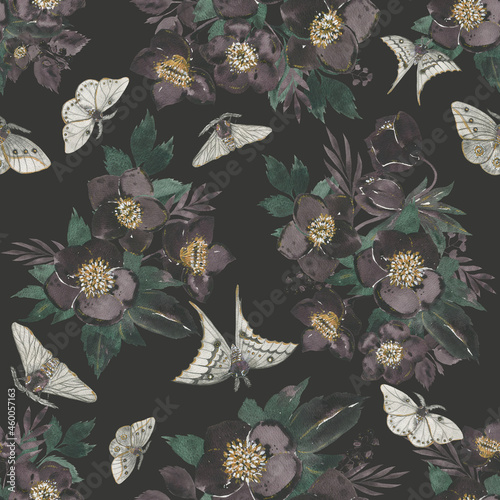 Watercolor moths with dark flowers, seamless pattern.