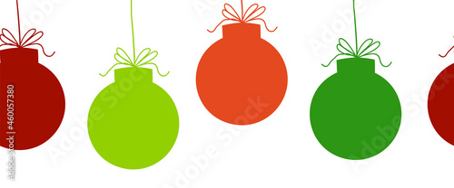 Christmas ornaments seamless vector border. Repeating banner pattern background with hanging Christmas bauble garland silhouette red green. For holiday greeting card decor, letterhead, banner, fabric