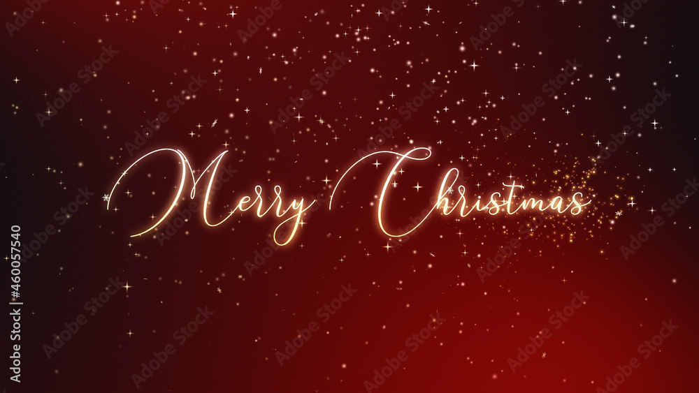 Merry Christmas golden text with snowing particles. Christmas wish banner red background - Computer illustration.