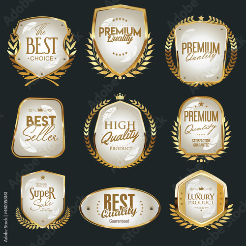 Collection of gold and white shields and labels premium choice