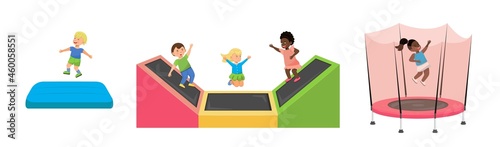 Kid jumping on trampoline. Children leisure, kids zone, active rest for little girl and boy.