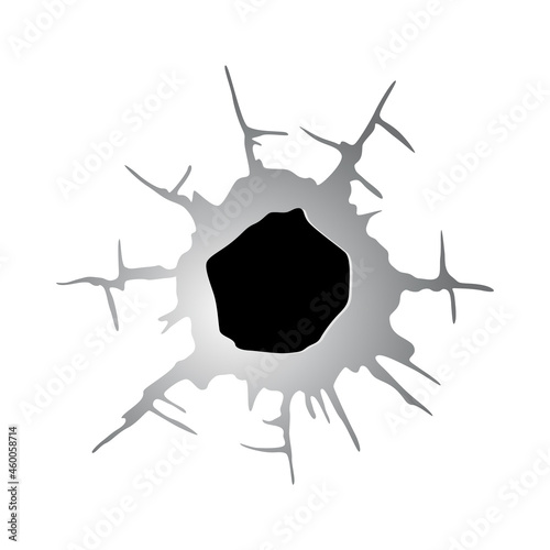 Ragged hole in metal or paper from bullet. Damage or crack on surface in monochrome color. Vector illustration isolated on white background