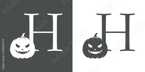 Logotipo letra inicial H con calabaza de Halloween en fondo gris y fondo blanco