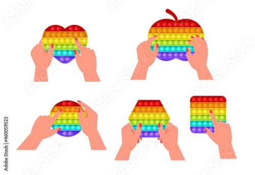 Pop it fidget, antistressor toy vector set in flat style. Trendy sensory playthings.