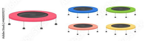Jumping, colorful trampoline vector. Trampoline, bounce house set for children and adults.