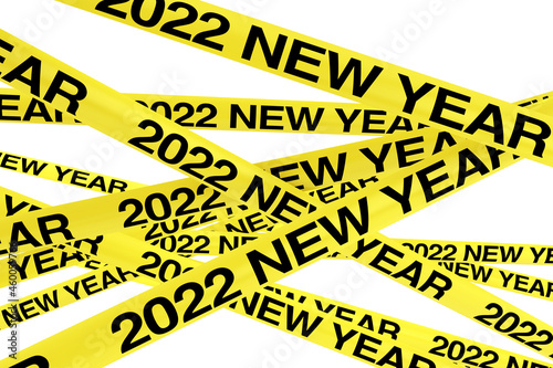 Caution Yellow Tape Strips with 2022 New Year Sign. 3d Rendering © doomu