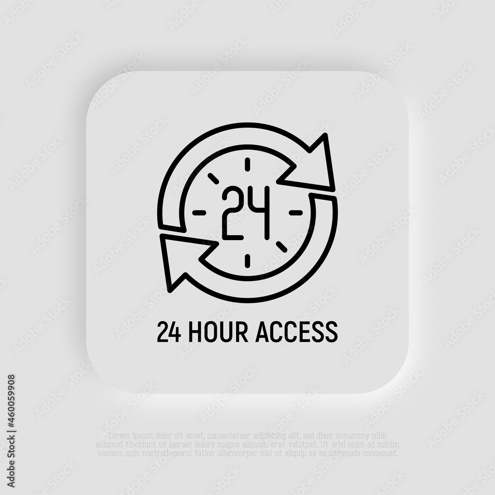24 hour access thin line icon, clock in arrows. Modern vector illustration of day and night service. 24 hour access thin line icon, clock in arrows. Modern vector illustration of day and night service.
