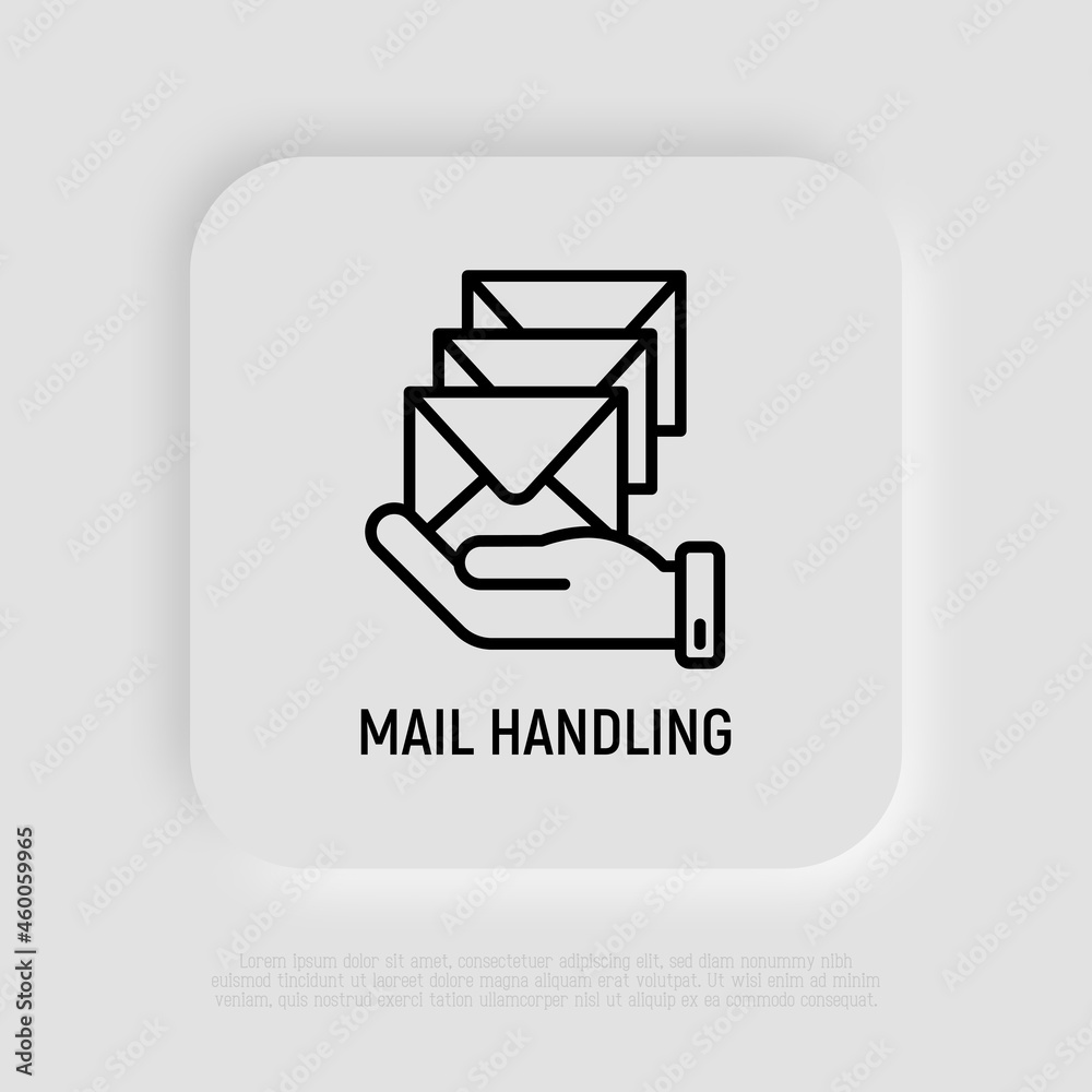 Mail handling thin line icon, hand with envelopes. Modern vector illustration for delivery service. Mail handling thin line icon, hand with envelopes. Modern vector illustration for delivery service.
