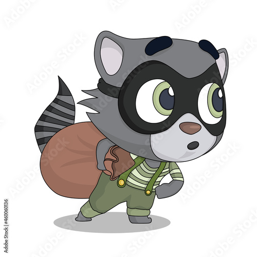 Funny cartoon animal character. Scared raccoon robber. Design for print, emblem, t-shirt, party decoration, sticker or mascot.