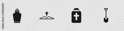 Set Funeral urn, Holy bible book, and Shovel icon. Vector
