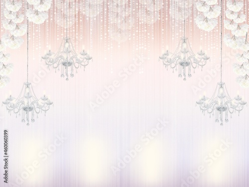 Beautiful wedding background. Birthday background. Background for wedding decoration. Background with crystal chandeliers and candles. Delicate lilac background. photo