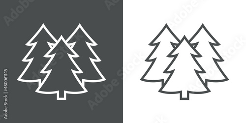 Logotipo grupo de árboles de navidad con ramas en forma de triángulo con lineas en fondo gris y fondo blanco