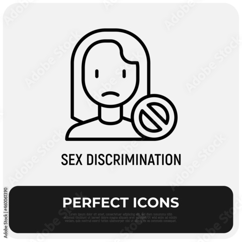 Sex discrimination thin line icon, sad woman with stop sign. Modern vector illustration.