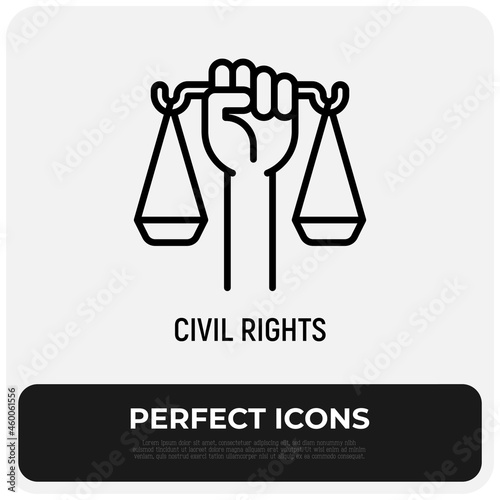 Civil rights thin line icon. Hand holding scales. Modern vector illustration.