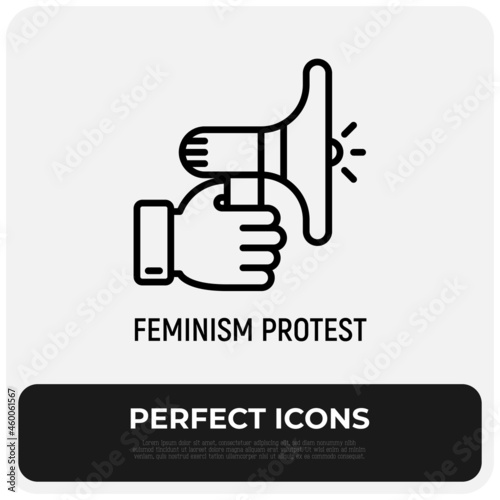 Feminism protest, hand with bullhorn thin line icon. Modern vector illustration.