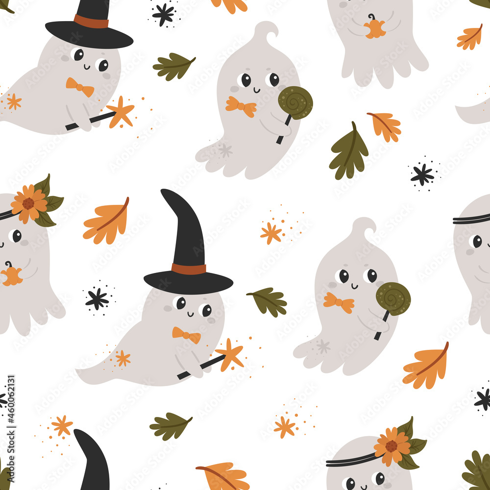 Fototapeta premium Halloween seamless pattern with cute ghosts.