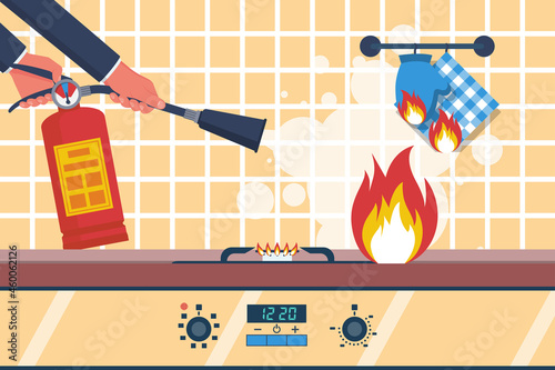 Fire in the kitchen. Accident in the kitchen. Working surface with a burning towel. Vector illustration flat design. Isolated on white background.