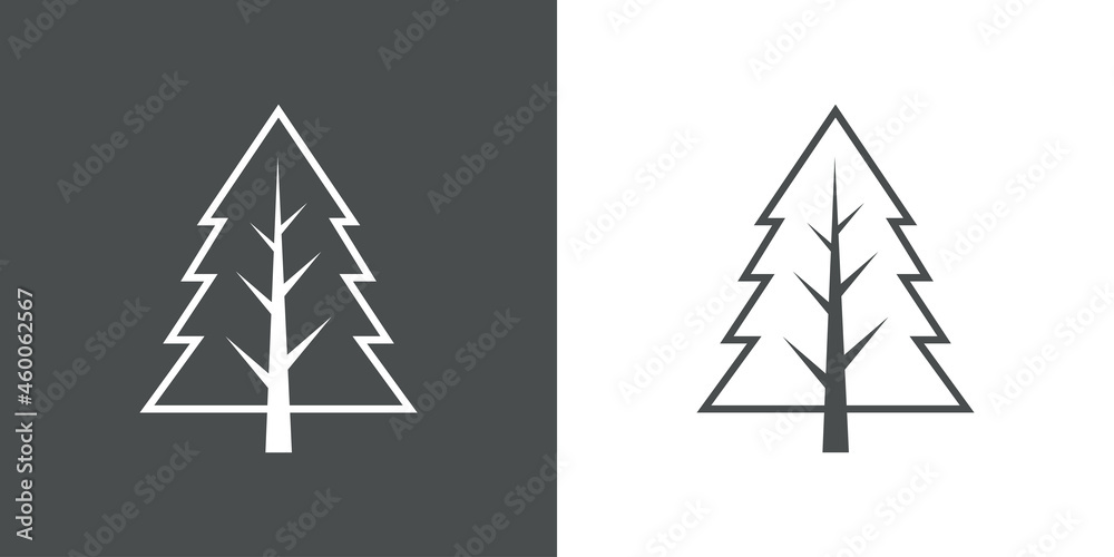 Logotipo lineal árbol de navidad abstracto con ramas en forma de triángulo en fondo gris y fondo blanco Logotipo lineal árbol de navidad abstracto con ramas en forma de triángulo en fondo gris y fondo blanco