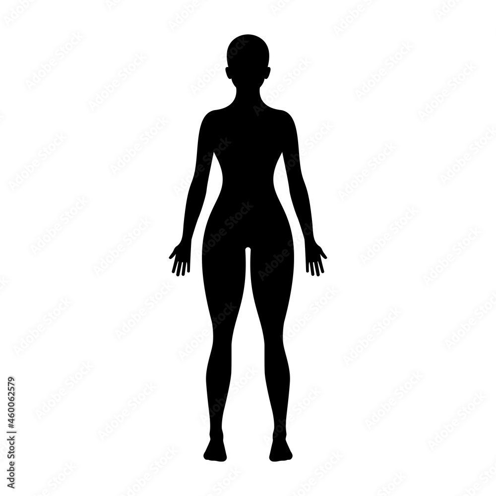 Fototapeta premium Black silhouette of a young woman. Perfect figure of a person. Pictogram female. Glyph body. Vector illustration flat design. Isolated on white background. Caucasian sportswoman.