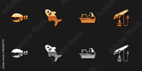 Set Lobster or crab claw, Shark, Fishing boat and harpoon icon. Vector